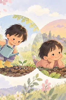 Illustration of three small scenes of a child planting, watering and observing a sprout across time, softly overlapping circular vignettes