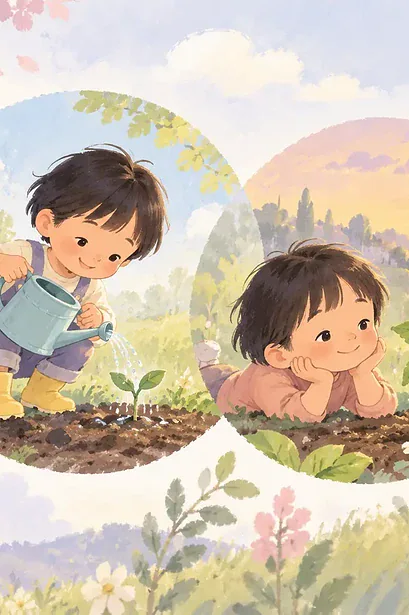 Illustration of three small scenes of a child planting, watering and observing a sprout across time, softly overlapping circular vignettes