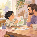 Illustration of a father pausing to listen at a kitchen table as a child explains a small drawing