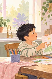 Illustration of a father pausing to listen at a kitchen table as a child explains a small drawing