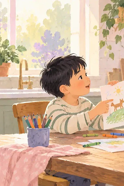 Illustration of a father pausing to listen at a kitchen table as a child explains a small drawing