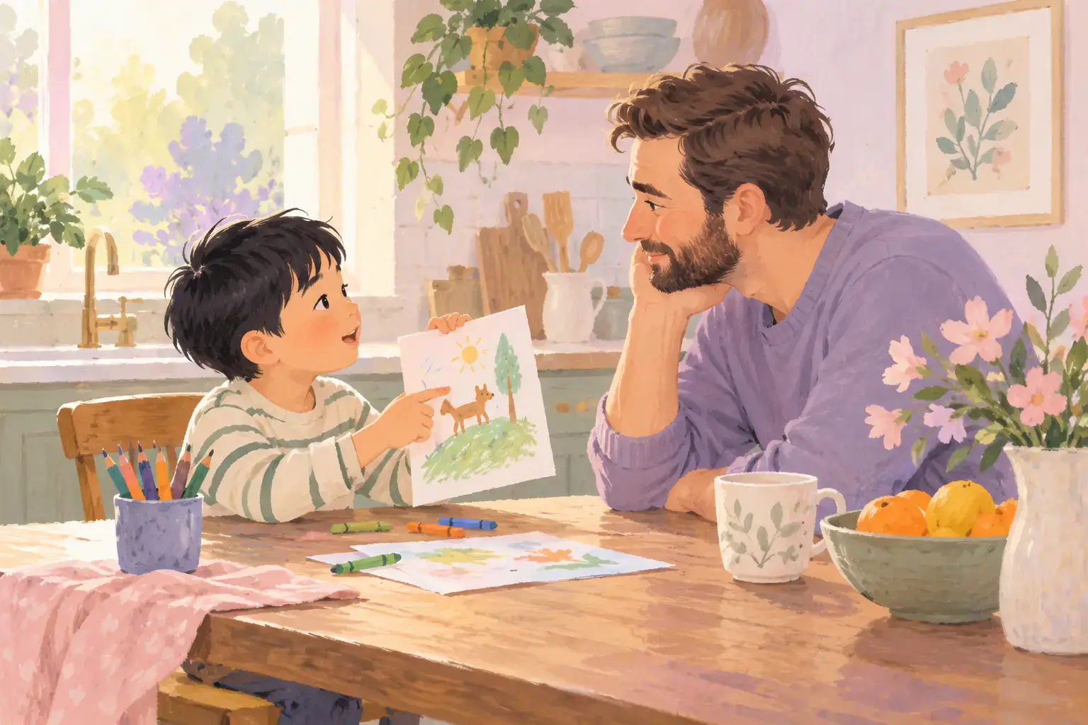 Illustration of a father pausing to listen at a kitchen table as a child explains a small drawing
