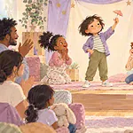 Illustration of a child confidently pretending to pull an imaginary tiny umbrella from an empty pocket while two friends guess