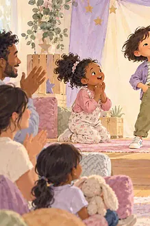 Illustration of a child confidently pretending to pull an imaginary tiny umbrella from an empty pocket while two friends guess