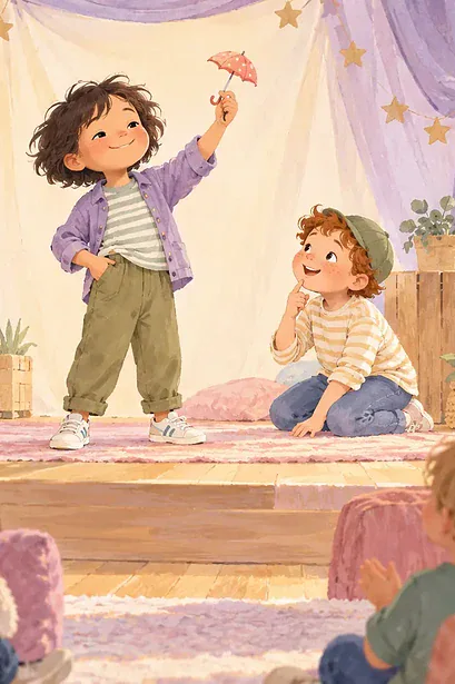 Illustration of a child confidently pretending to pull an imaginary tiny umbrella from an empty pocket while two friends guess