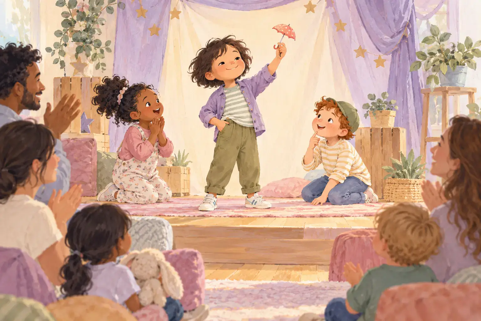 Illustration of a child confidently pretending to pull an imaginary tiny umbrella from an empty pocket while two friends guess