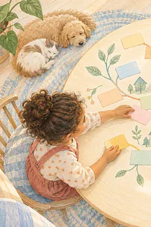 Illustration of overhead view of a child and caregiver arranging colourful blank word cards into imaginative branching paths on a round table