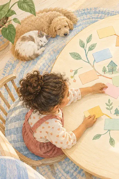Illustration of overhead view of a child and caregiver arranging colourful blank word cards into imaginative branching paths on a round table
