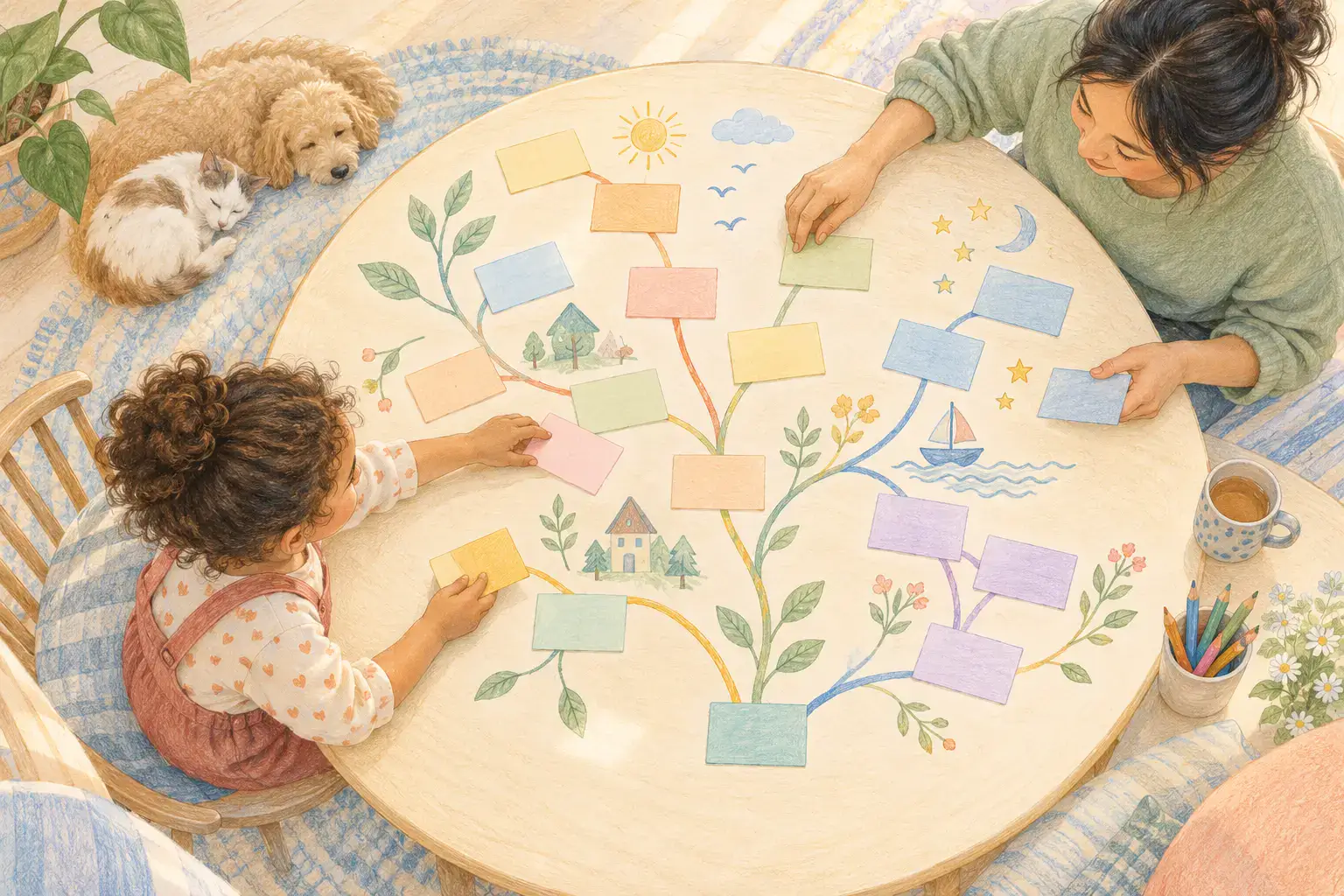 Illustration of overhead view of a child and caregiver arranging colourful blank word cards into imaginative branching paths on a round table