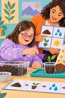 A student with intellectual disability taking part in a small-group classroom science activity
