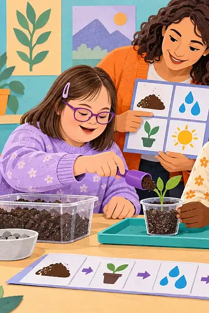 A student with intellectual disability taking part in a small-group classroom science activity