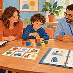 A child and parent meeting with a friendly assessment team around everyday activity materials