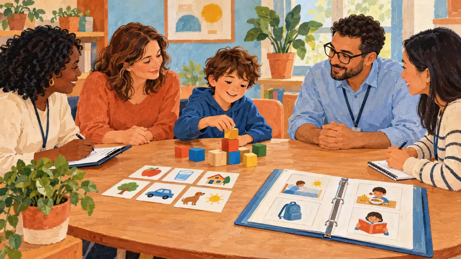 A child and parent meeting with a friendly assessment team around everyday activity materials