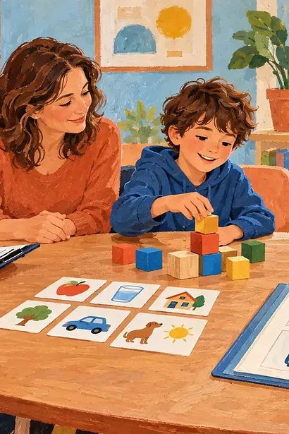 A child and parent meeting with a friendly assessment team around everyday activity materials