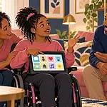 A teenage girl using speech, gesture and a tablet while her family waits attentively