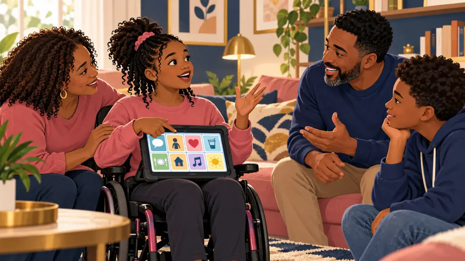 A teenage girl using speech, gesture and a tablet while her family waits attentively