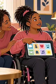 A teenage girl using speech, gesture and a tablet while her family waits attentively