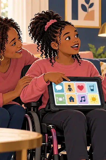 A teenage girl using speech, gesture and a tablet while her family waits attentively