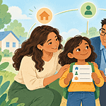 Child surrounded by a caregiver, teacher and older relative in a supportive safety network
