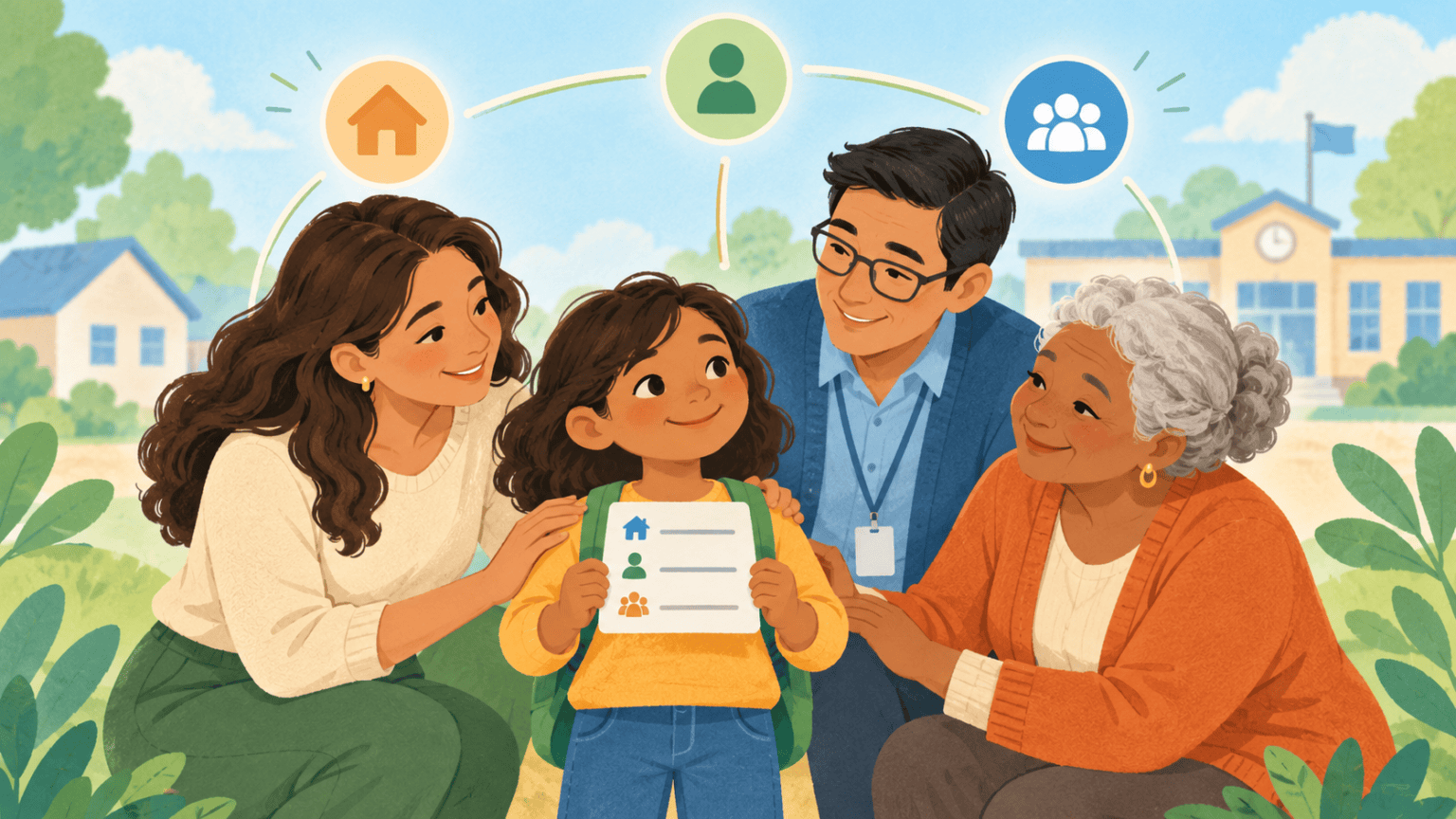 Child surrounded by a caregiver, teacher and older relative in a supportive safety network