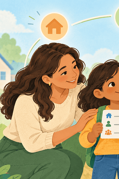 Child surrounded by a caregiver, teacher and older relative in a supportive safety network