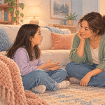 Caring adult listening attentively to a child in a quiet living room