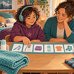 Neurodivergent preteen and caregiver using picture cards for a hygiene routine