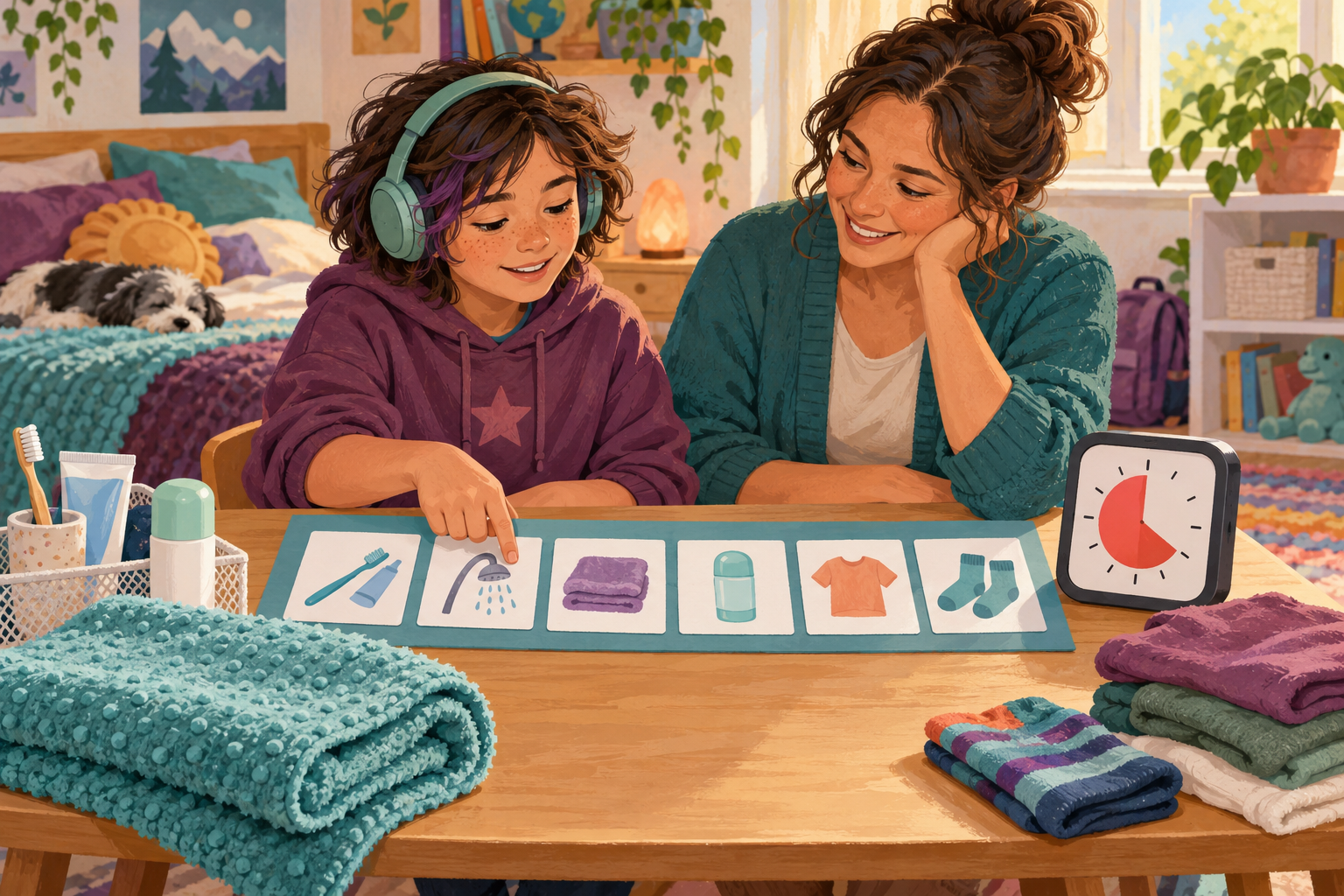 Neurodivergent preteen and caregiver using picture cards for a hygiene routine