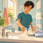 Teen arranging deodorant, soap, a clean shirt and towel in a bright bathroom