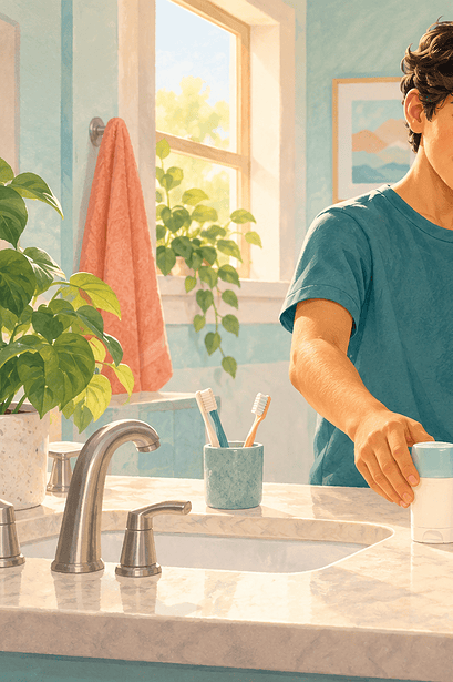 Teen arranging deodorant, soap, a clean shirt and towel in a bright bathroom