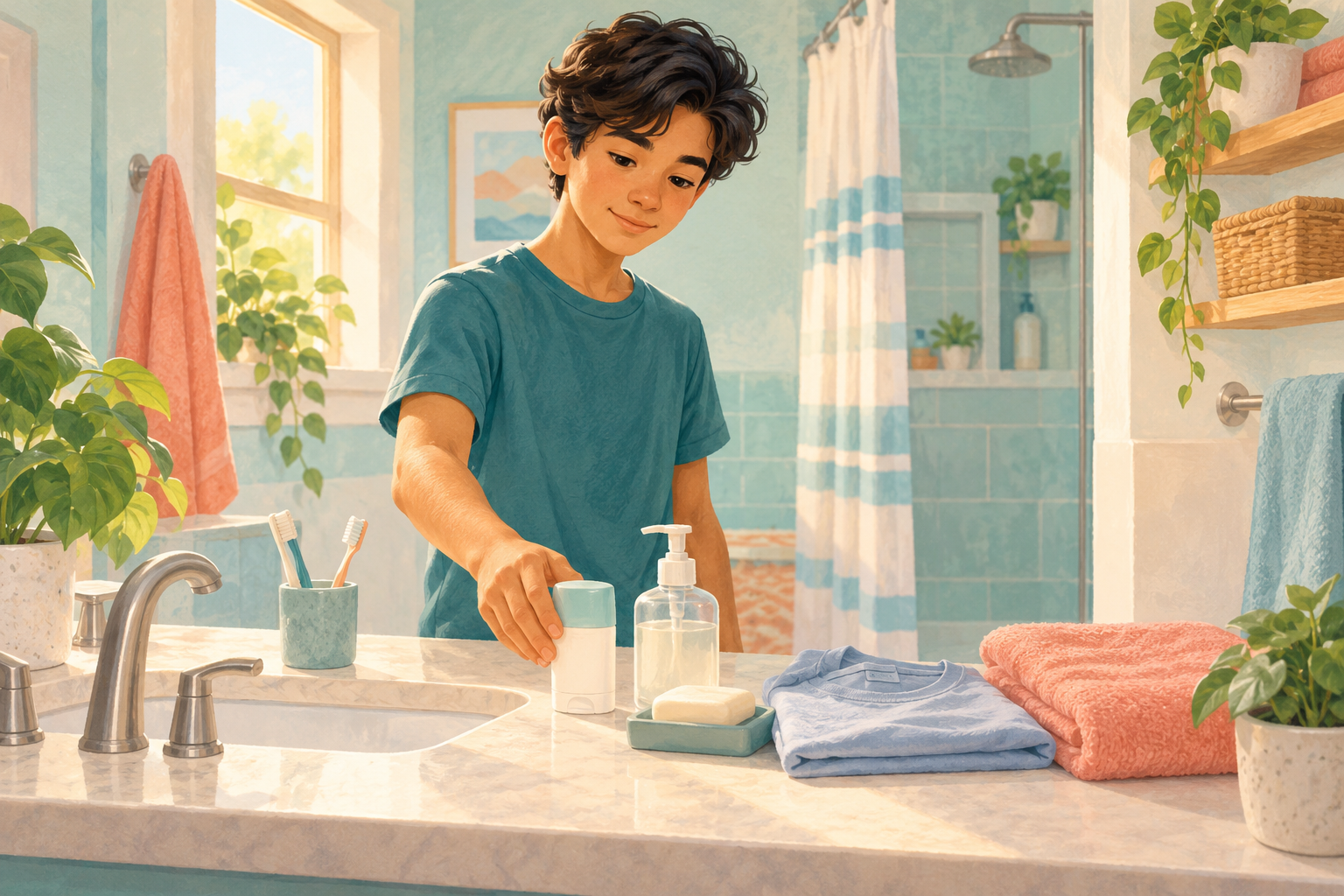 Teen arranging deodorant, soap, a clean shirt and towel in a bright bathroom
