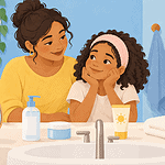 Caregiver and tween choosing a gentle cleanser, moisturiser and sunscreen together