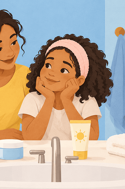 Caregiver and tween choosing a gentle cleanser, moisturiser and sunscreen together