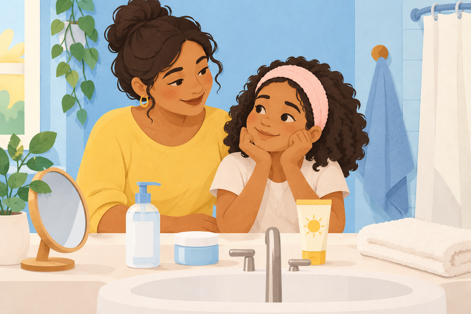 Caregiver and tween choosing a gentle cleanser, moisturiser and sunscreen together