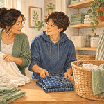 Parent and teen having a calm conversation while folding fresh bedding