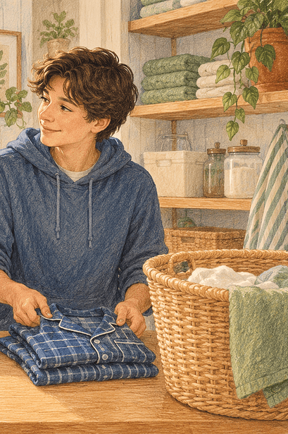 Parent and teen having a calm conversation while folding fresh bedding