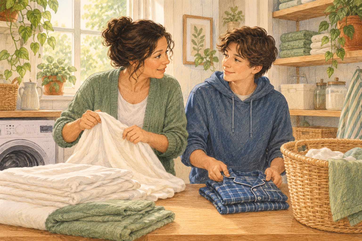 Parent and teen having a calm conversation while folding fresh bedding
