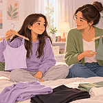 Caregiver and fully clothed teen choosing comfortable layered tops in a bedroom