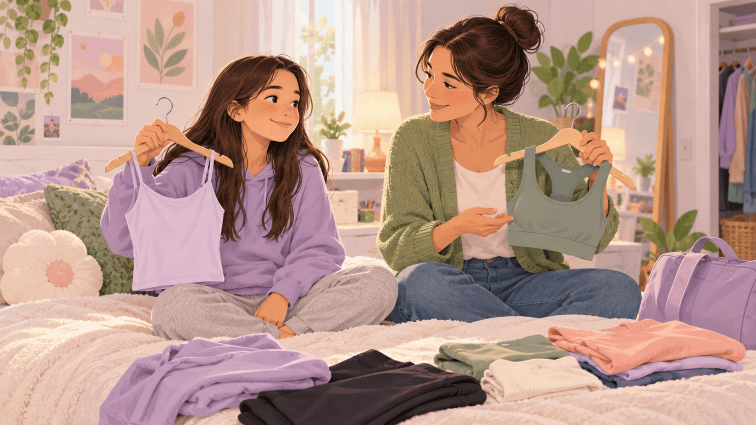 Caregiver and fully clothed teen choosing comfortable layered tops in a bedroom