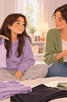 Caregiver and fully clothed teen choosing comfortable layered tops in a bedroom