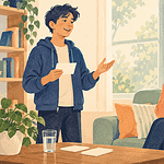 Teen practising a presentation while a supportive caregiver listens at home