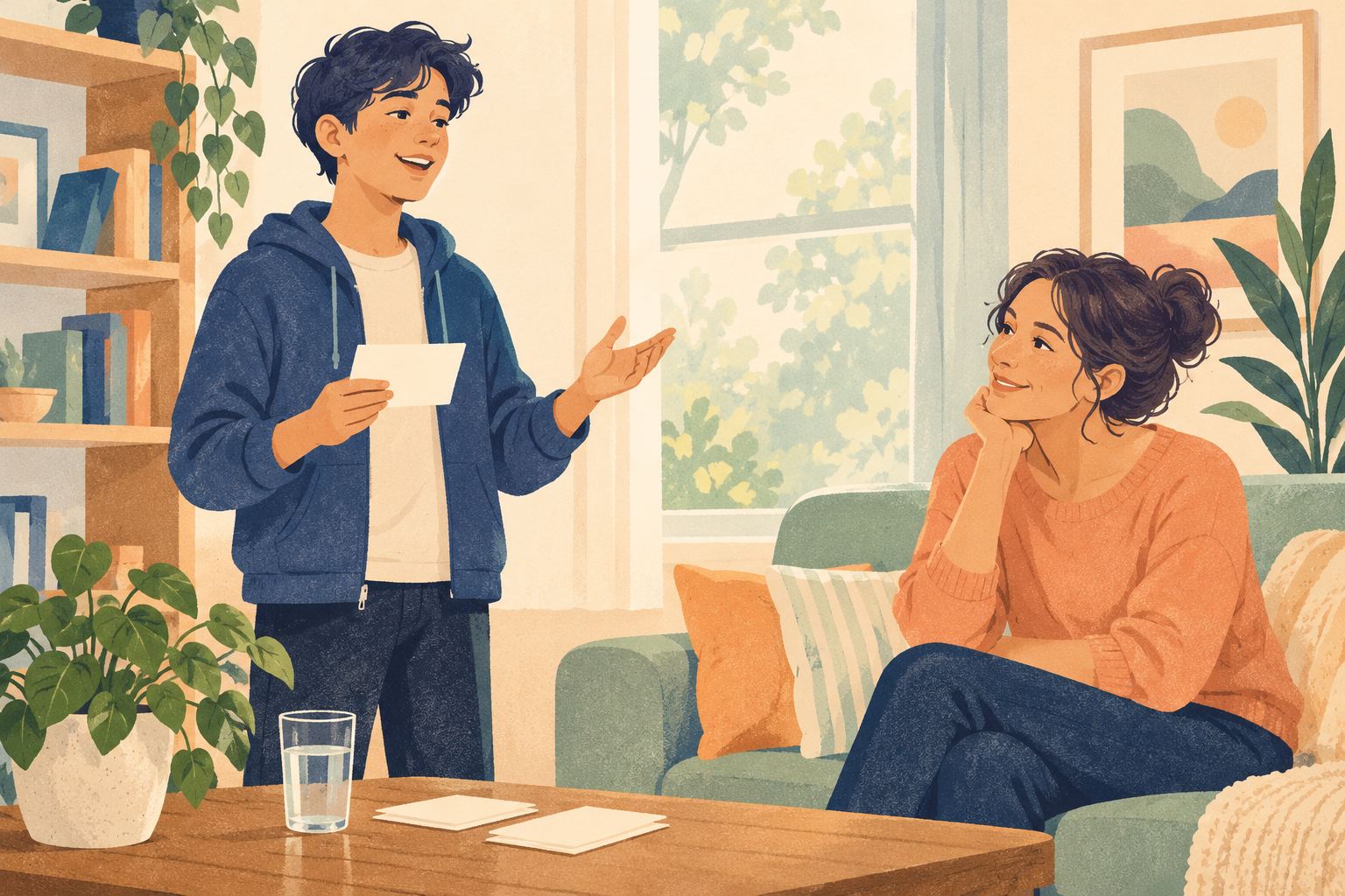 Teen practising a presentation while a supportive caregiver listens at home