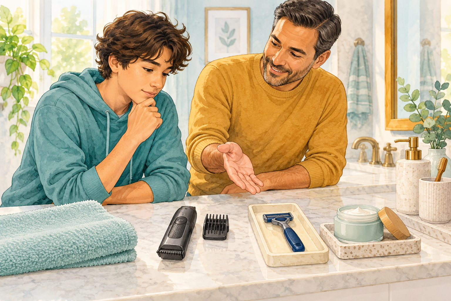 Parent and older teen discussing an electric trimmer and safely stored razor