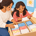Caregiver and teen organising clean underwear and personal-care supplies in a drawer