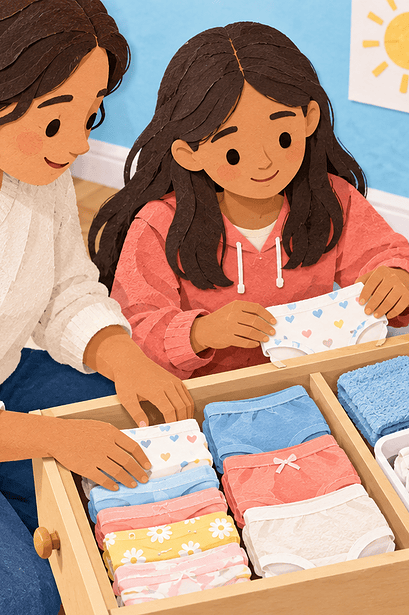 Caregiver and teen organising clean underwear and personal-care supplies in a drawer