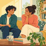 Illustration of a teenager talking with a caregiver beside a tablet on a sofa.