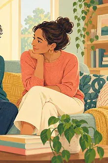 Illustration of a teenager talking with a caregiver beside a tablet on a sofa.