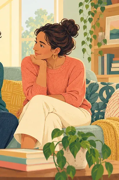 Illustration of a teenager talking with a caregiver beside a tablet on a sofa.