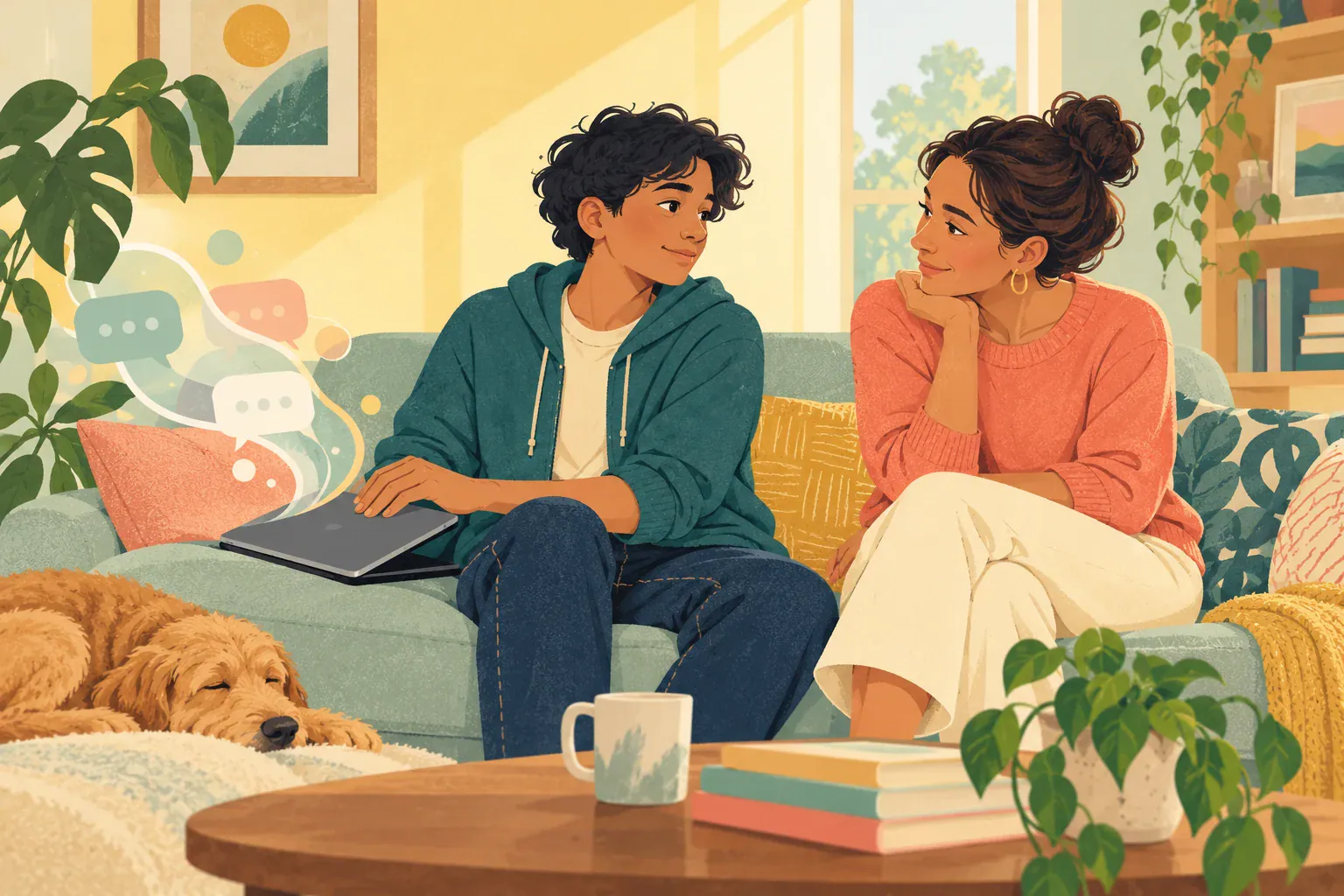 Illustration of a teenager talking with a caregiver beside a tablet on a sofa.