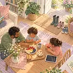 Gouache illustration of a family sharing food and reading, with a tablet set aside.